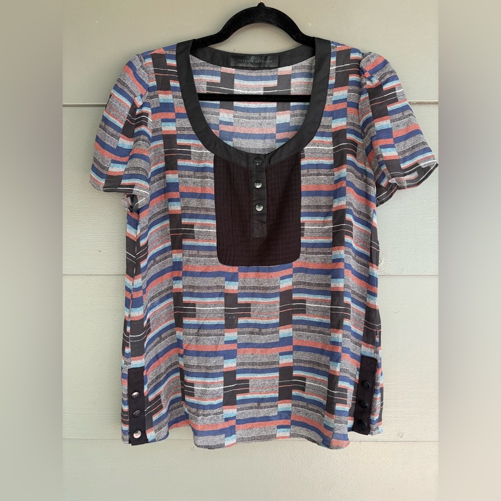 Proenza Schouler Striped Geometric Short Sleeve Henley Blouse